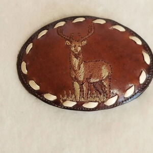 Vintage Nocona Brown Leather‎ Oval Belt Buckle with Embroidered Buck
